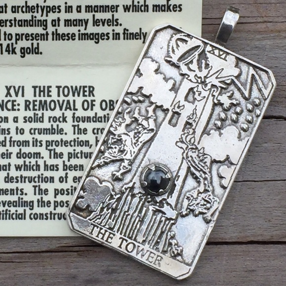 Tower Tarot Card Pendant .925 Sterling Silver w/ genuine Hematite gem USA - Picture 8 of 8